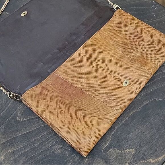 Vtg yellow tan reptile leather envelope crossbody purse - Picture 13 of 16